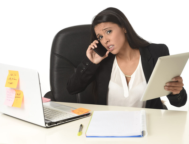  busy businesswoman suffering stress working at office computer desk worried desperate - Photo, Image