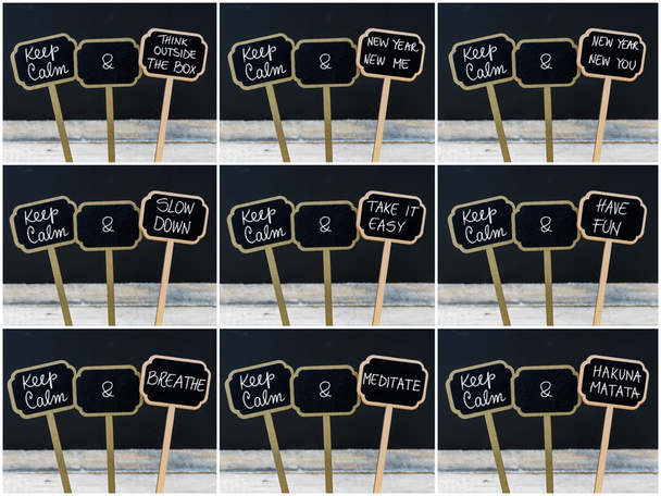 Collage fotografico di Keep Calm messaggi scritti con gesso su mini etichette lavagna
 - Foto, immagini