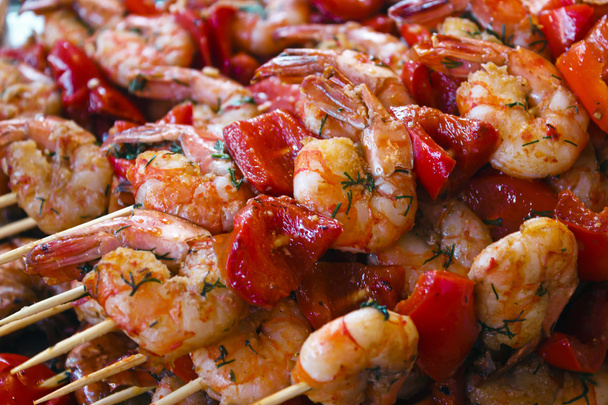 prawns with red pepper on skewers. street trading - Photo, Image