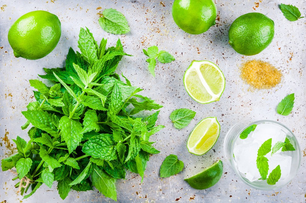 mint, lime, ice, sugar for mojito cocktail  - Foto, Imagem