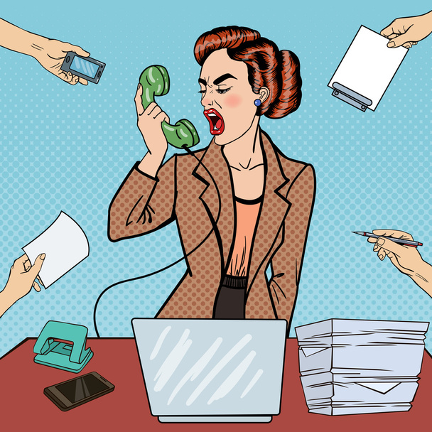 Pop Art Agresif İş Kadını Multi Tasking Ofis İş telefona screaming. Vektör çizimi - Vektör, Görsel