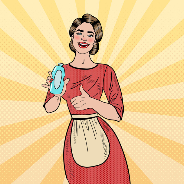 Pop Art lächelnde Hausfrau mit Spülmittelflasche und Daumen hoch. Vektorillustration - Vektor, Bild