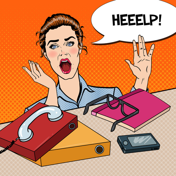 Die gestresste Geschäftsfrau im Büro arbeitet mit Telefon und Papieren. Vektorillustration - Vektor, Bild