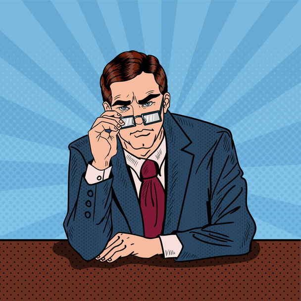Pop Art Serious Businessman with Eyeglasses. Vector illustration - Vector, Image