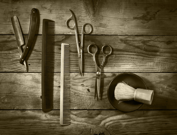 Set vintage de barbería.Tonificación sepia
 - Foto, imagen