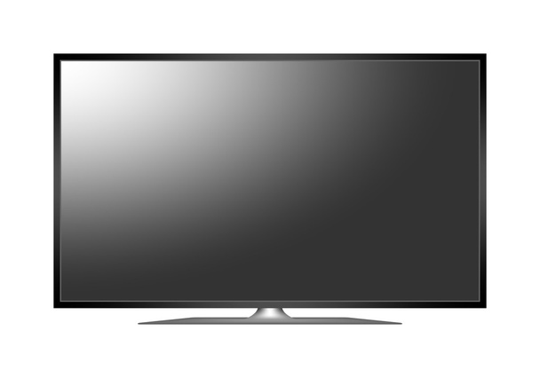 Nowoczesny plazma 3d Tv. wyłączyć urządzenie multimedialne z podstawką, czarny wyświetlacz z białego refleksji na białym tle. Panoramiczny telewizor z czarną ramką. telewizor 4 k  - Wektor, obraz