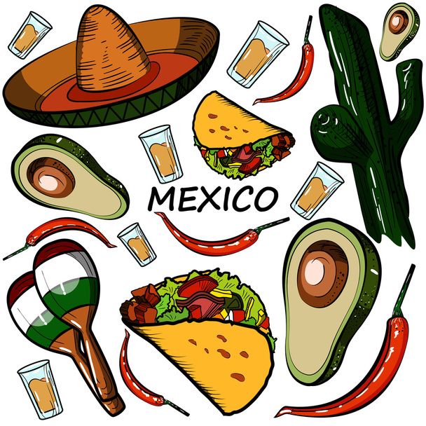Hand drawn doodle Mexico set - Vektor, obrázek