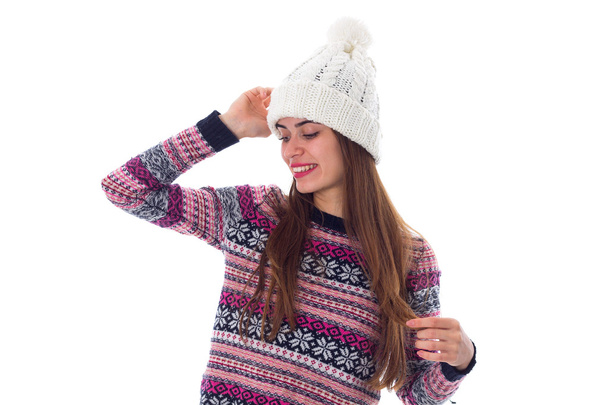 Woman in sweater and white hat - Foto, immagini