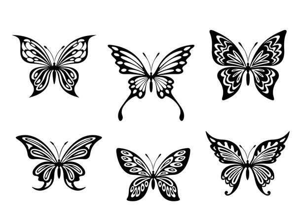 Black butterfly tattoos and silhouettes - Vector, Imagen