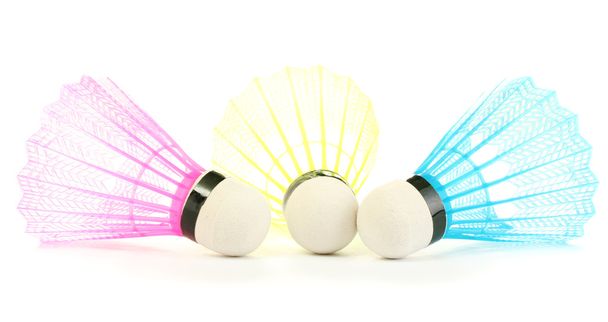 bright plastic shuttlecocks isolated on white - Foto, Imagem