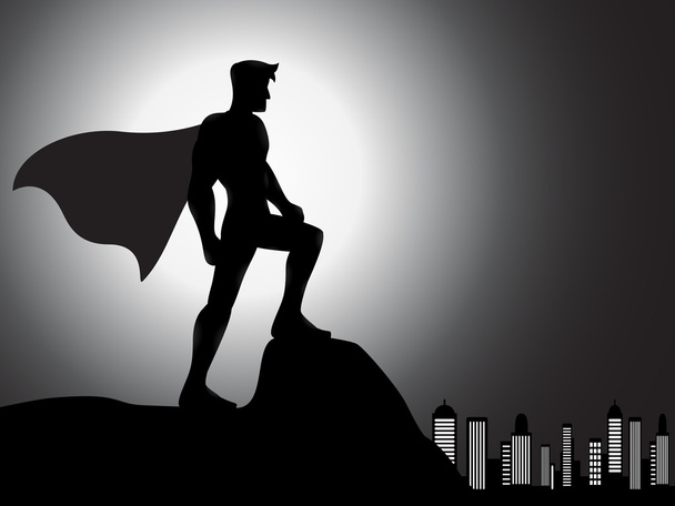 silhouet superheld in de stad - Vector, afbeelding