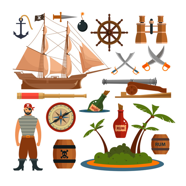 平らなスタイルの海の海賊オブジェクト、アイコンやデザイン要素のベクトルセット。海賊船、武器、島 - ベクター画像