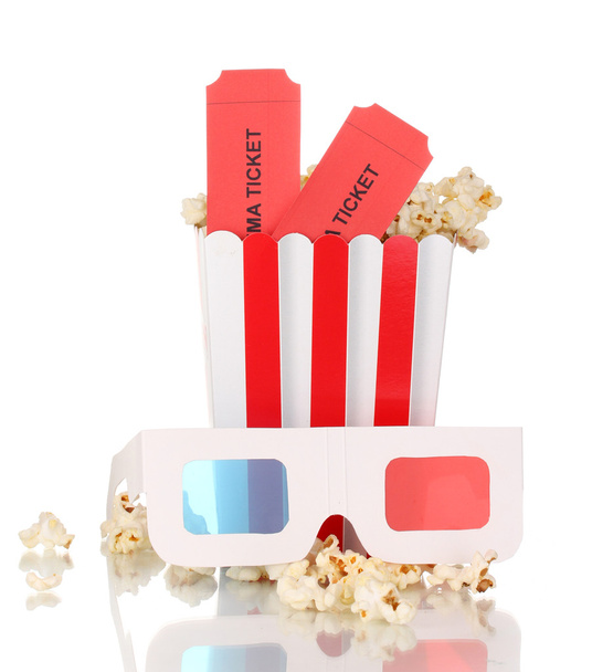 popcorn with glasses and tickets isolated on white - Zdjęcie, obraz