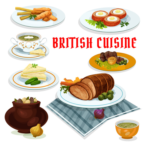 Brit konyha vacsora menü karikatúra ikon - Vektor, kép