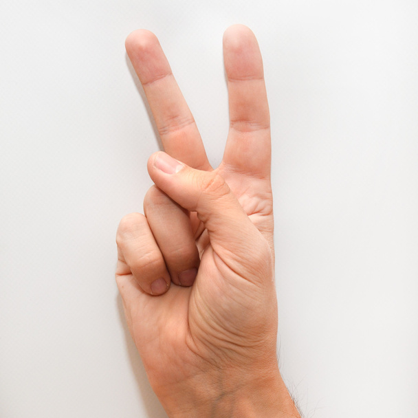 Carta V en lengua de signos estadounidense (ASL) para sordos
 - Foto, Imagen