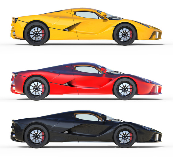 A készlet három gyors sport autó, sárga, vörös és fekete. 3D-s illusztráció. - Fotó, kép
