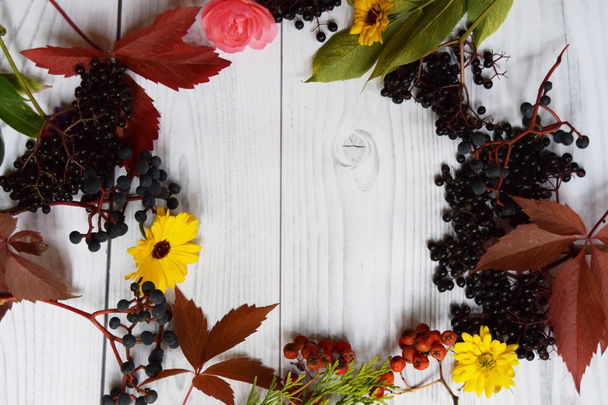 Autumn harvest of fruits on wooden plate, and colored leaves and fall colors on a light wooden background - Photo, Image