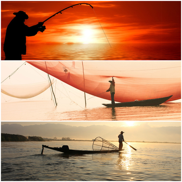ψαράς κολάζ ηλιοβασίλεμα - Φωτογραφία, εικόνα