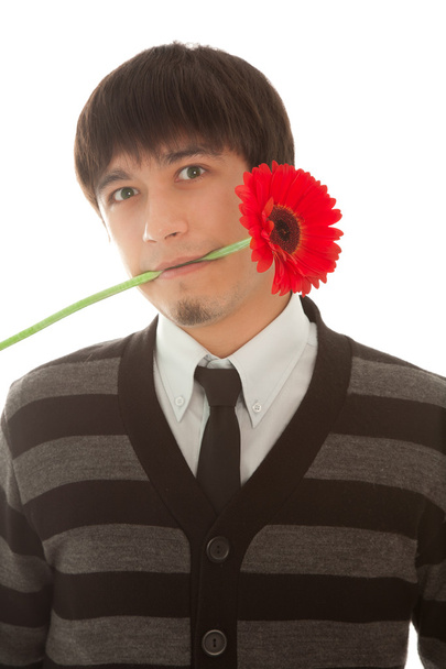 Man with red gerbera in his mouth standing on the white backgrou - Photo, image