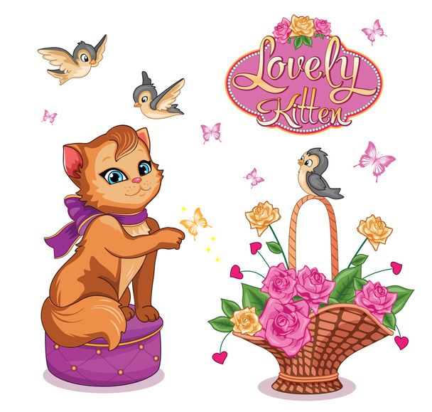 Glamorous cute funny red cat. Set with animal, birds and flower basket. Decorative and style toy, doll. Wonderland. Magic and fabulous story. Isolated children's cartoon illustration, suitable for print or sticker. White background. Vector. - Vector, Image