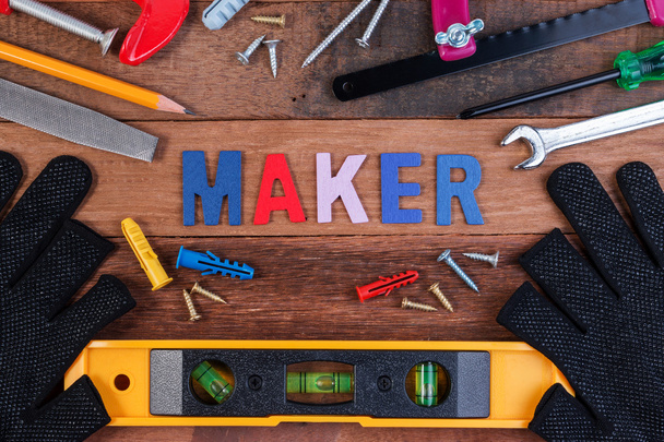 Maker Concepts. Working tools, set of working tools on wooden background. Wood working tools background concepts. - 写真・画像