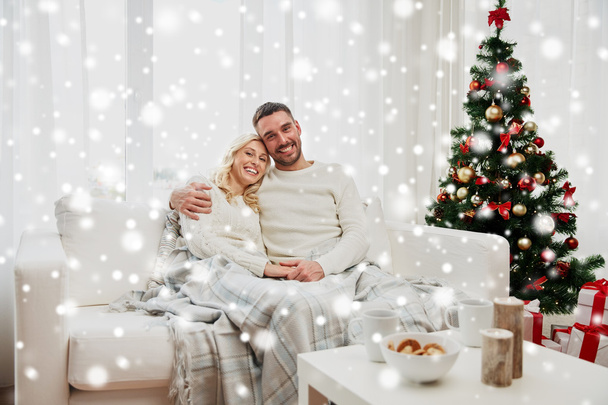 happy couple at home with christmas tree - Foto, immagini