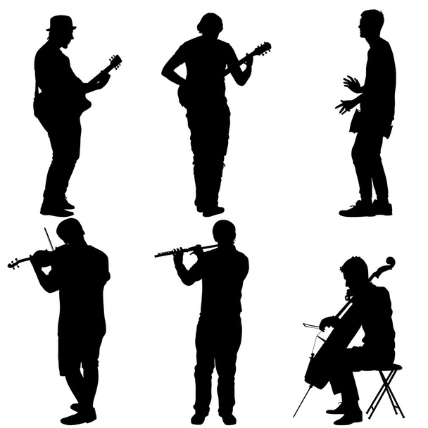 Sylwetki ulicznych muzyków grających instrumentów. Ilustracja wektorowa - Wektor, obraz