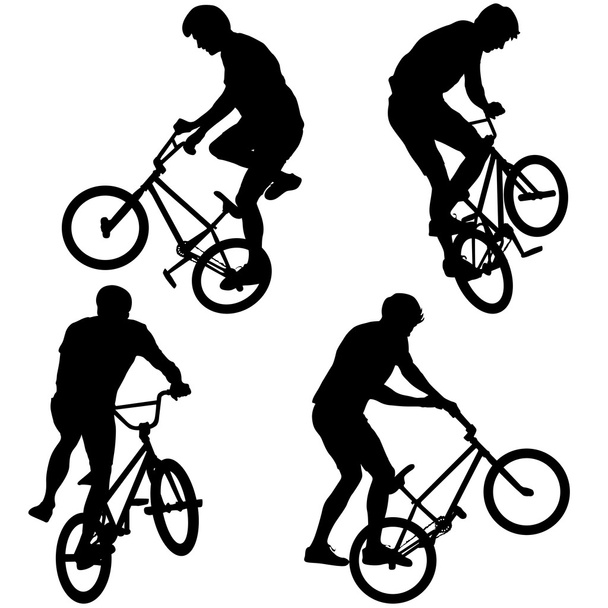 Akrobatik pirouettes gerçekleştirmek bir bisikletçi erkek silüeti ayarlayın. vektör çizim - Vektör, Görsel