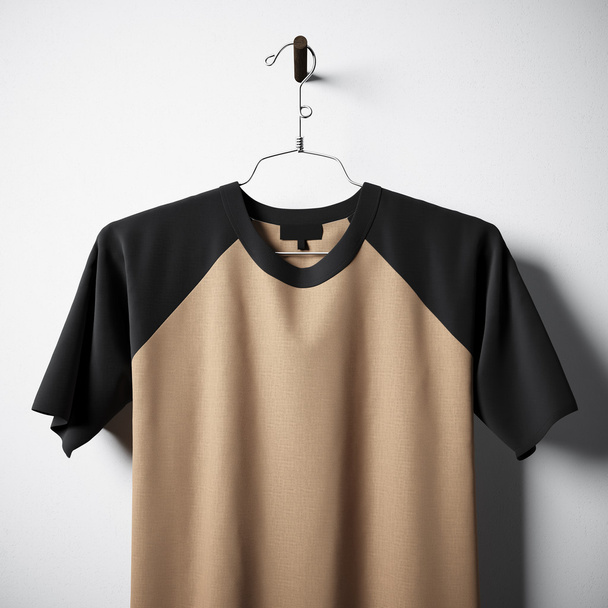 Closeup of blank cotton tshirt brown color hanging in center empty concrete wall. Clear label mockup with highly detailed texture materials. Square. Front side view. 3D rendering. - Zdjęcie, obraz