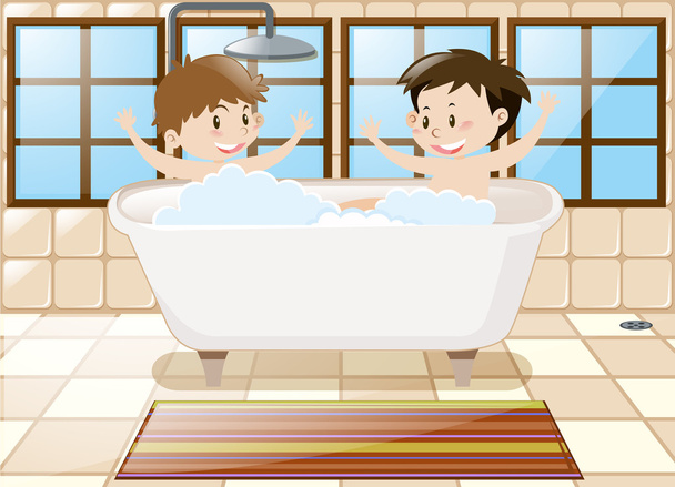 二人の少年が浴槽で一緒にお風呂 - ベクター画像