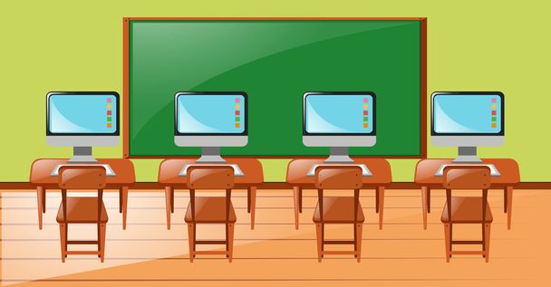 Classroom with four computers on desk - Vector, Image