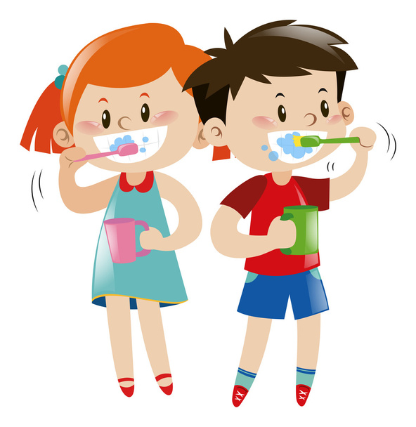 Niño y niña cepillándose los dientes
 - Vector, imagen