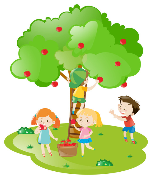 Kids picking apples from apple tree - Vector, Image