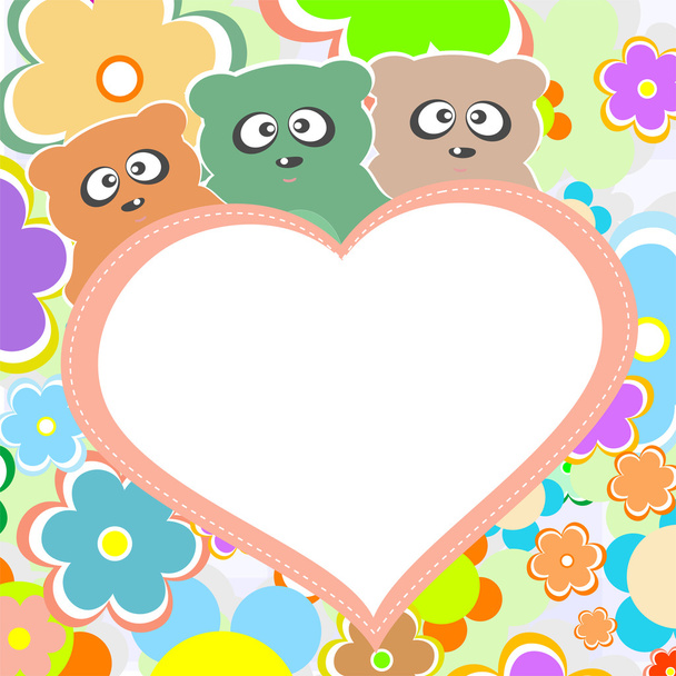 Teddy bear in flowers with big heart, vector - Vector, Image