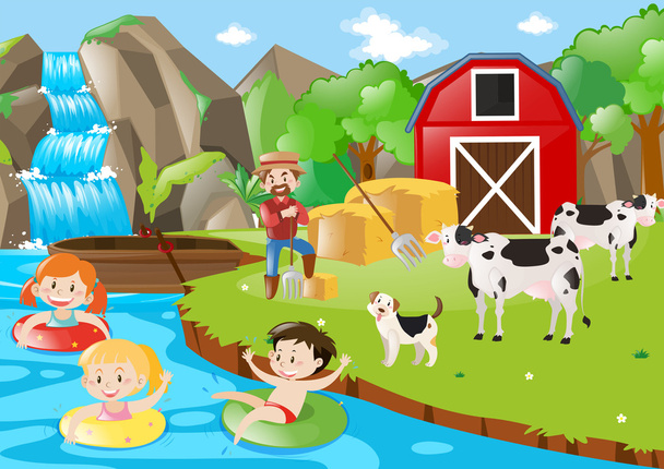 Lapset leikkivät joessa maatilalla.
 - Vektori, kuva