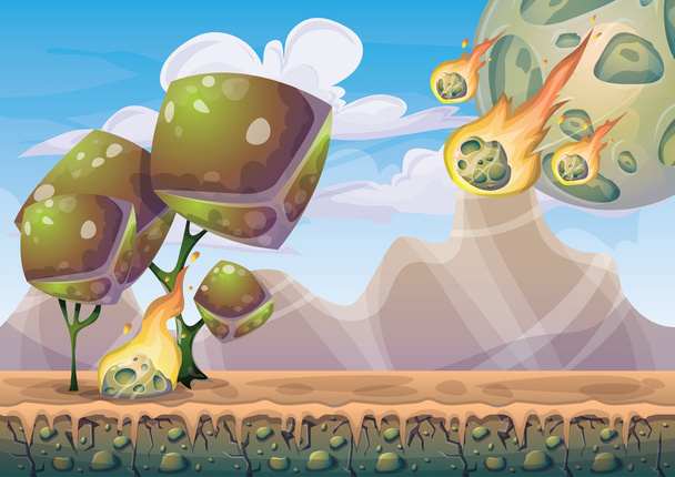 Cartoon vector landschap met meteor achtergrond met gescheiden lagen voor game art en animatie - Vector, afbeelding