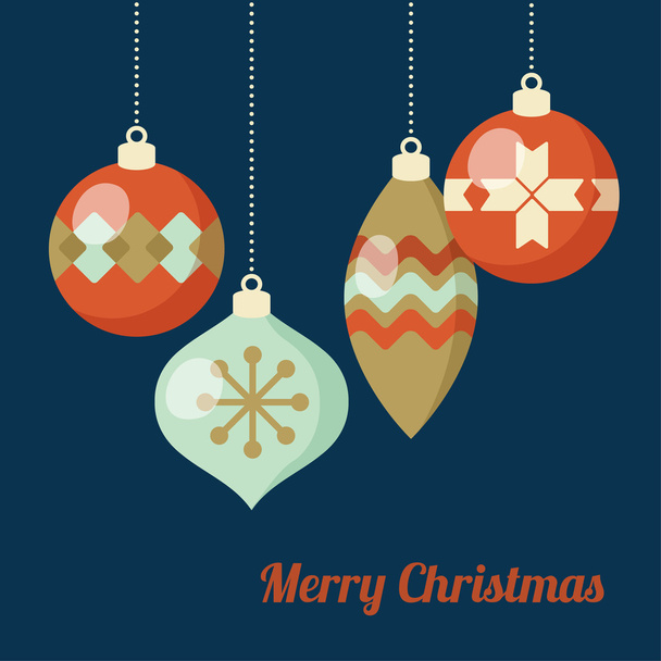 Retro Christmas greeting card, invitation. Hanging Christmas balls, baubles, ornaments.  Flat design. Vector illustration. - ベクター画像