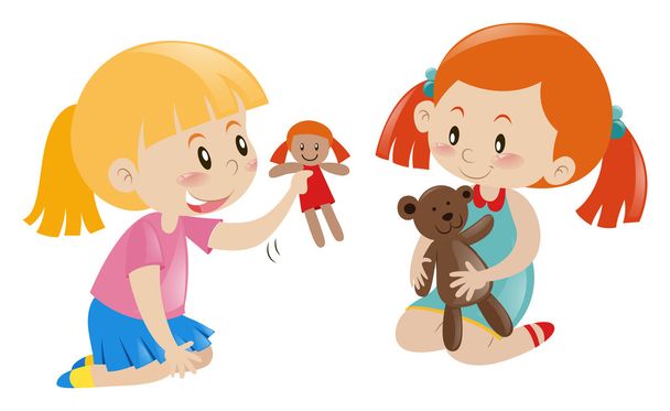Dos chicas jugando muñeca y osito de peluche
 - Vector, imagen