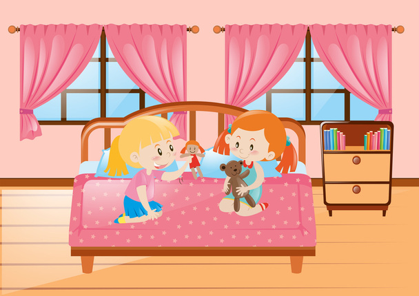 Meisjes spelen poppen in de slaapkamer - Vector, afbeelding
