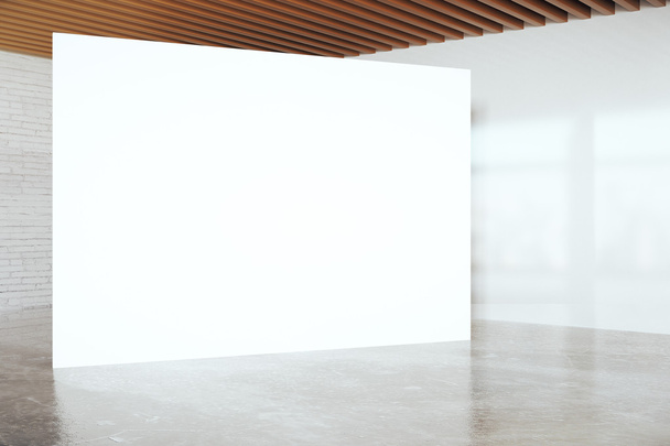 Interior de ladrillo blanco sin amueblar con cartelera en blanco. Maquillaje, renderizado 3D
 - Foto, imagen