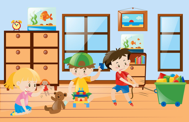 Niños jugando juguetes dentro de la habitación
 - Vector, imagen