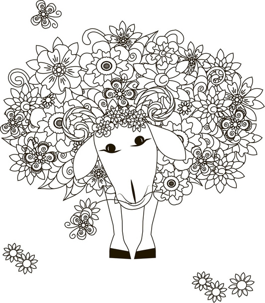  Koloryt Strona anty-stres wektor ilustracja kwiaty owiec - Wektor, obraz