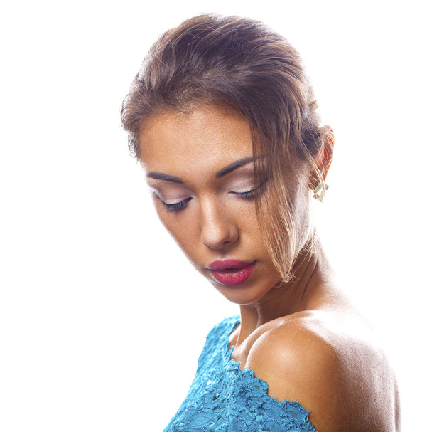 Beautiful brunette woman in turquoise dress - Foto, Imagem
