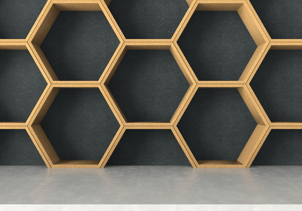 Mesa de concreto com fundo de prateleira de hexágonos de madeira, renderização 3D
 - Foto, Imagem