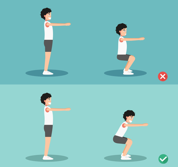 Male wrong and right squat posture,illustration - Vector, Image