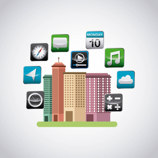 paesaggio urbano con icone app store
 - Vettoriali, immagini