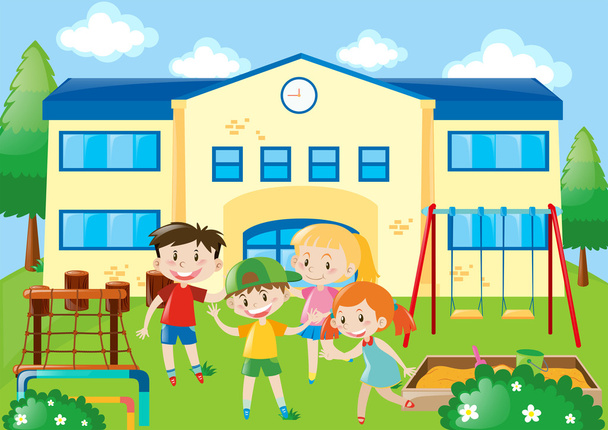 Four students in the school playground - Vector, Image