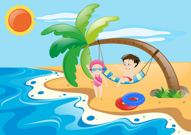 Summer theme with kids on beach - Vector, Image