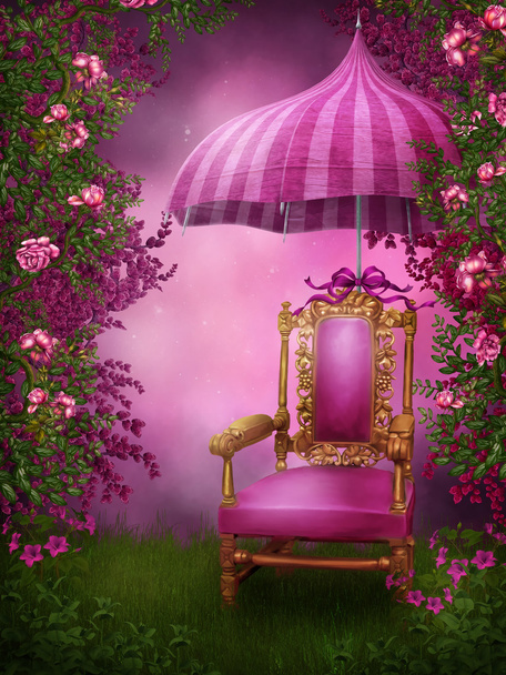 roze stoel en paraplu - Foto, afbeelding