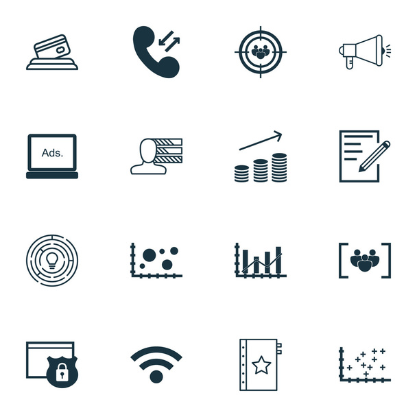 Set van 16 universele bewerkbare iconen voor Marketing, computerhardware en reclame onderwerpen. Bevat pictogrammen zoals innovatie, Credit Card, persoonlijke vaardigheden en meer. - Vector, afbeelding
